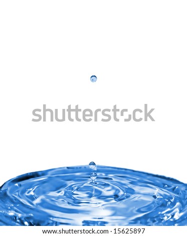 Water drops falling on the water surface creating splashes and ripples. Isolated on white.
