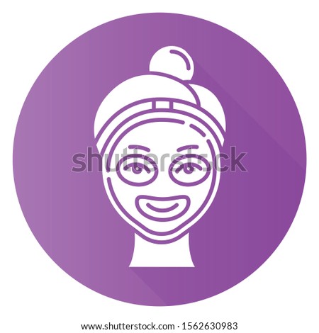 Vitamin C mask purple flat design long shadow glyph icon. Skin care procedure. Facial beauty treatment. Using liquid mask. Exfoliating and moisturizing effect. Vector silhouette illustration