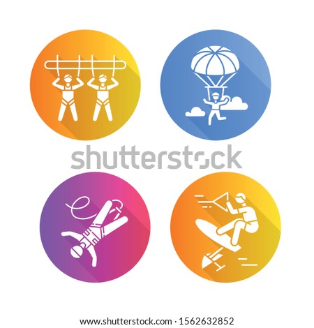 Air extreme sports flat design long shadow glyph icons set. Giant swing, parachuting, bungee jumping and wakeboarding. Outdoor activities. Adrenaline entertainment. Vector silhouette illustration