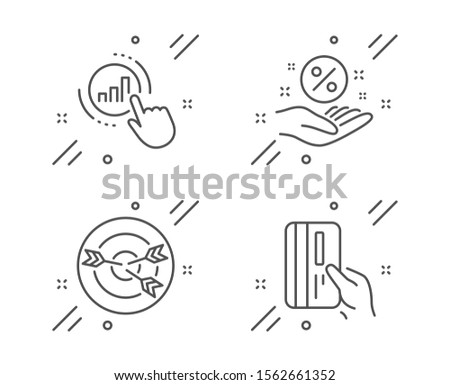 Graph chart, Targeting and Loan percent line icons set. Payment card sign. Get report, Target with arrows, Discount hand. Credit card. Finance set. Line graph chart outline icon. Vector