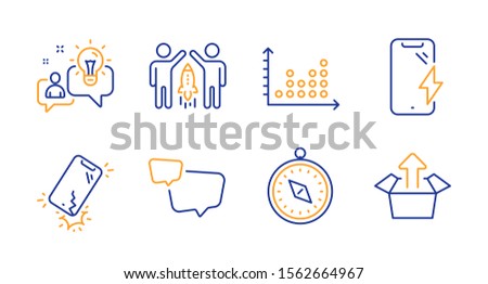 Speech bubble, Smartphone charging and Smartphone broken line icons set. Partnership, Travel compass and Idea signs. Dot plot, Send box symbols. Chat message, Phone battery. Technology set. Vector
