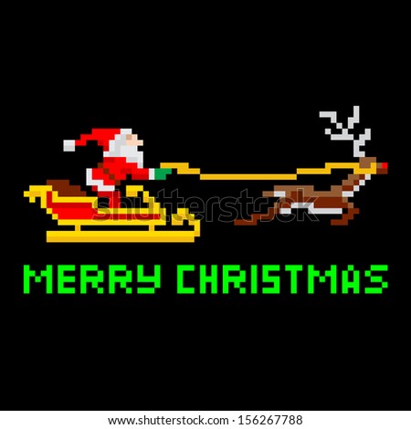 Retro arcade video game style pixel art Christmas Santa Claus in sleigh with Merry Xmas message