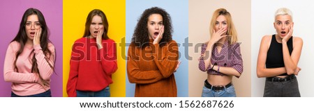 Set of women over colorful backgrounds surprised and shocked while looking right