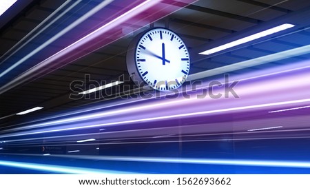 Rush hour Fast moving  evening ,Fast moving traffic drives   time lapse clock moving fast light each subway lane effect line light cg Royalty-Free Stock Photo #1562693662