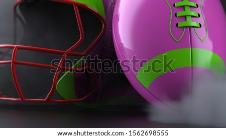 American football Pink-Green helmet and Ball with dark black toned foggy smoke under black-white laser lighting. 3D illustration. 3D high quality rendering.