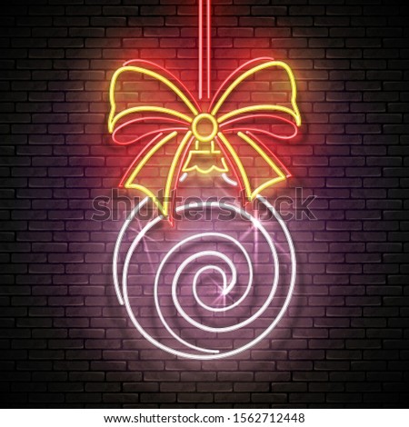 Glow Greeting Card with Christmas Tree Decorations. Happy New Year Holiday Postcard Template. Shiny Neon Light Poster, Flyer, Banner. Brick Wall. Vector 3d Illustration. Clipping Mask, Editable
