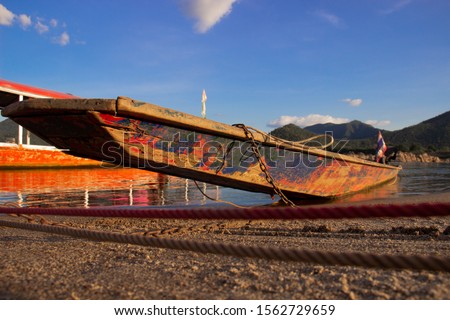 Loei, 16 November 2019, old boat pictures of the Mekong River, we can see from Kaeng Khut Kuku of Loei Province, Thailand