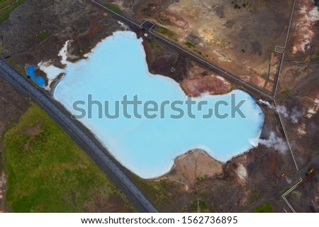 Blue lake. Geothermal region of Hverir in Iceland near Myvatn Lake, Iceland, Europe. Aerial drone shot. September 2019