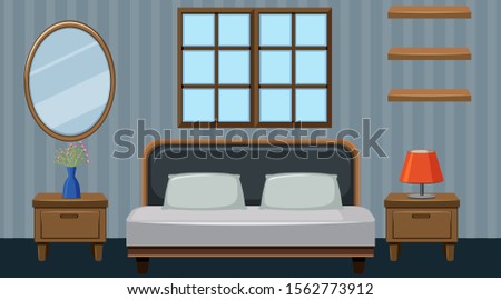 Bedroom with big bed and wooden furniture illustration