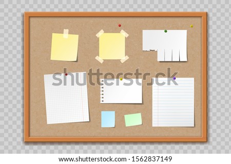 Cork bulletin board texture with wooden frame. Blank template paper sheets and stickers. Isolated on a transparent background. Vector illustration Royalty-Free Stock Photo #1562837149