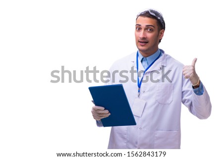 Young male doctor with notes isolated on white