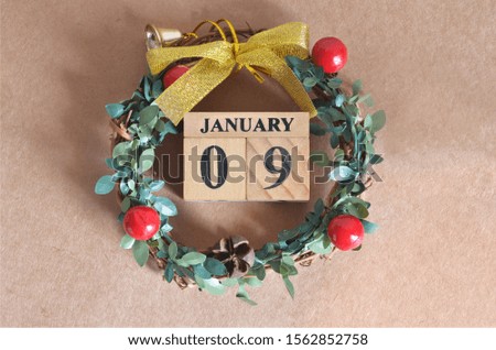 January Month, Christmas, Birthday with number cube design for background. Date 9.