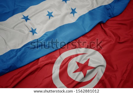 waving colorful flag of tunisia and national flag of honduras. macro