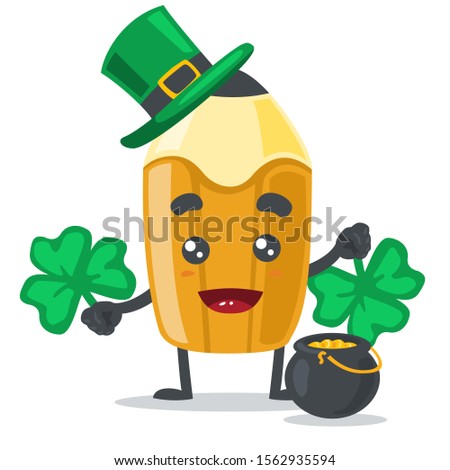 vector illustration of cute pencil mascot wearing shamrock hat and holding clover on white background