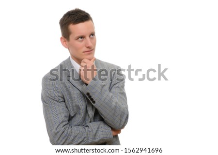 Concept of a young manager man talking to the camera. Photo isolate Portrait of a secretary guy on a white background in a gray business suit in different poses.