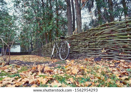 Bicycle and autumn leaves. Landscape photo taken in Museum of Folk Life and Architecture, Pereyaslav-Khmelnytskyi, Ukraine