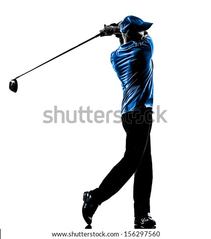 one man golfer golfing golf swing in silhouette studio isolated on white background Royalty-Free Stock Photo #156297560