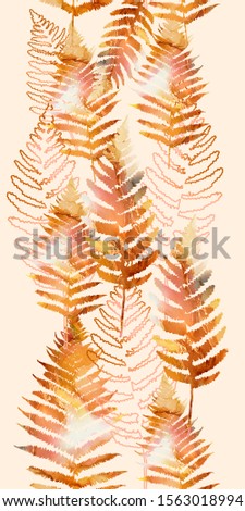 Watercolor prints of fern leaves mix repeat seamless pattern, pattern with watercolor texture on a yellow background. Mixed media endless motive for textile decoration and botanical design.