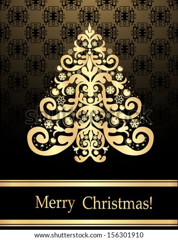 Abstract golden christmas tree on vintage wallpaper pattern background.