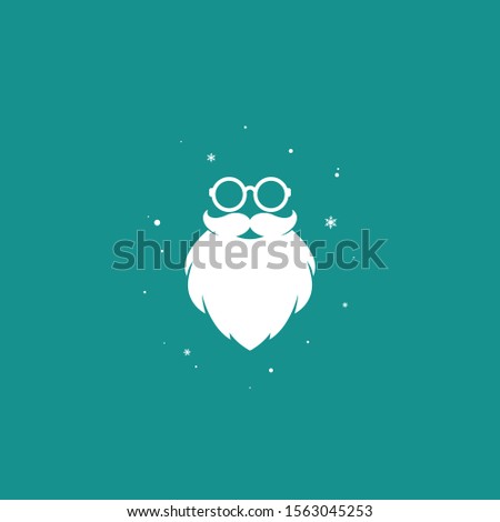 Santa claus face silhouette with beard, glasses and snowflakes  isolated on blue background. Label for party or greeting card. Vector flat illustration. Merry christmas clip art.