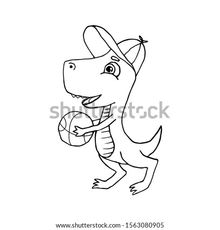 Vector illustration with cute funny cartoon dinosaur drawn outline. Hand drawn doodle for kids coloring book or design. Little T-rex with a basket ball