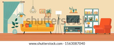 Living room interior. Comfortable sofa, TV,  window, chair and house plants. Vector flat illustration Royalty-Free Stock Photo #1563087040