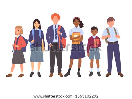 School kids collection. Group of cartoon multinational children in school uniform, standing with books and school bags. Isolated on white. Royalty-Free Stock Photo #1563102292