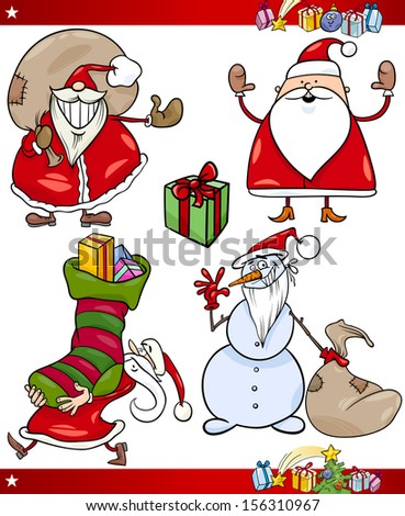 Cartoon Vector Illustration of Santa Claus or Papa Noel, Presents, Gifts and other Christmas Themes set