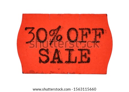 30 OFF percent Sale printed with typewriter font on red price tag sticker isolated on white background