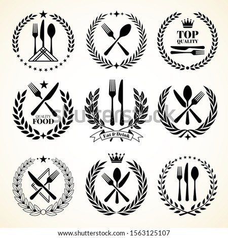 Cutlery logos. Vintage dinner table silverware set with knife and fork utensils in retro ribbons vector drawing