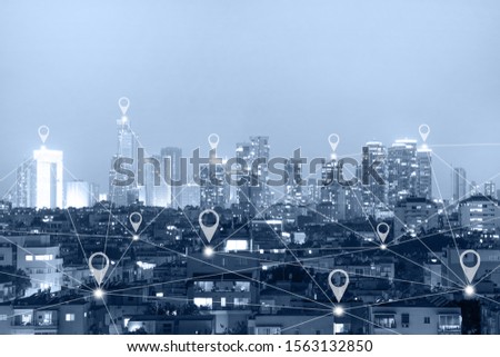Location gps or Map pin flat above blue tone Tel Aviv city scape and network connection concept. Blue tone city scape and network connection concept.                        