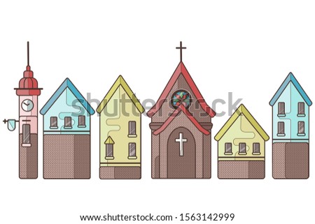 Set of beautiful houses. Catholic Church. Stained glass window. Cartoon city. Children's illustration.
