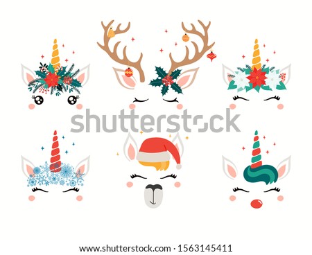 Christmas set with cute unicorn, llama, reindeer faces, in flower wreaths. Isolated objects on white. Hand drawn vector illustration. Flat style design. Concept holiday print, card, invite, gift tag.