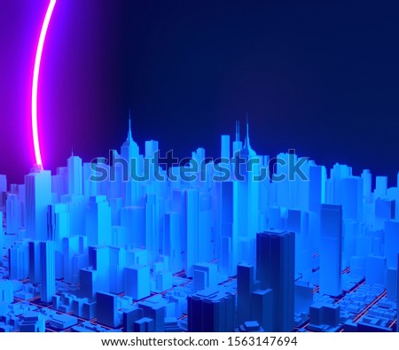 City buildings in neon lights. Growing megapolis. Cityscape with futuristic architecture skyscrapers. Neon lights glow color skyscrapers.