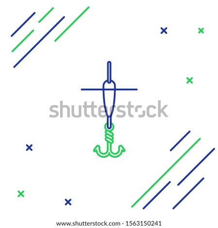 Blue and green line Fishing hook and float icon isolated on white background. Fishing tackle. Colorful outline concept. Vector Illustration