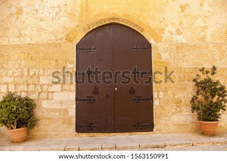 Texture of an old wooden wooden door with unusual metal handles on the island of Malta
