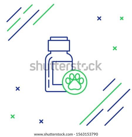 Blue and green line Dog medicine bottle icon isolated on white background. Container with pills. Prescription medicine for animal. Colorful outline concept. Vector Illustration