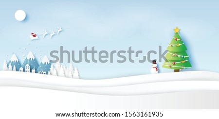 Merry Christmas and Happy New Year. Santa Claus on the sky with Snowman and Christmas tree. Paper art style. Vector illustration.