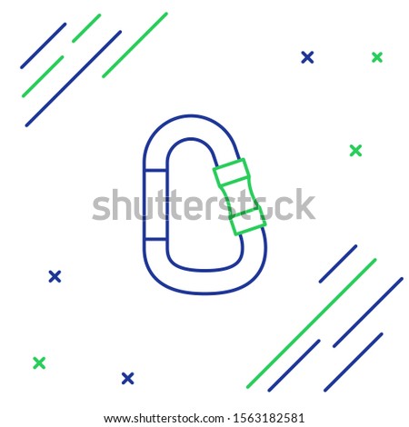 Blue and green line Carabiner icon isolated on white background. Extreme sport. Sport equipment. Colorful outline concept. Vector Illustration