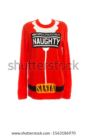 Christmas sweater with a picture (image with funny inscription north pole police dept naughty santa) isolated on a white background