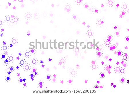 Light Purple, Pink vector pattern with simple suns, stars. Blurred decorative design in simple style with stars, suns. Smart design for your business advert.