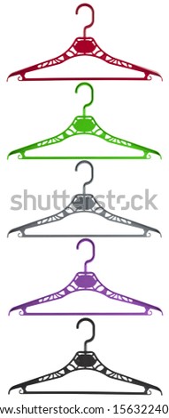 Set of five plastic hangers in different bright colors, arranged vertically one under the other, isolated on a white background.