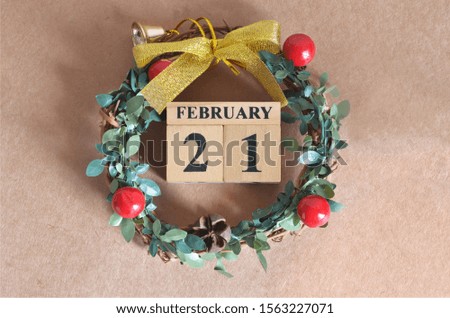 February Month, Christmas, Birthday with number cube design for background. Date 21.