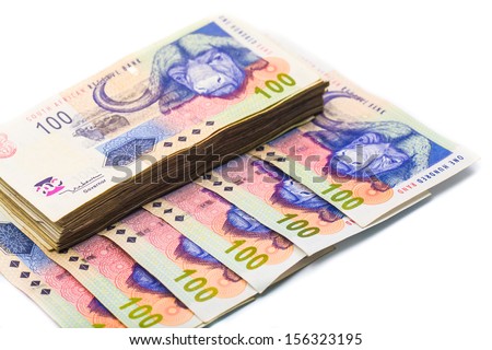 New South African 100 Rand notes isolated on white background