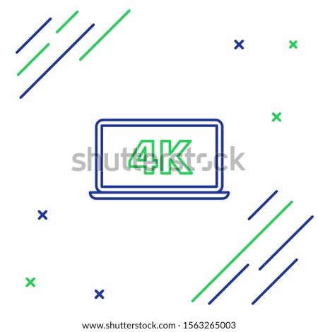 Blue and green line Laptop screen with 4k video technology icon isolated on white background. Colorful outline concept. Vector Illustration