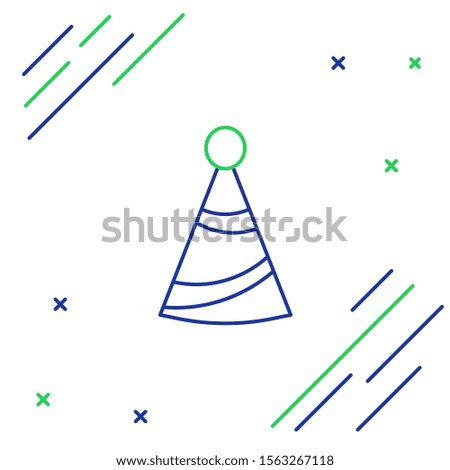 Blue and green line Party hat icon isolated on white background. Birthday hat. Colorful outline concept. Vector Illustration