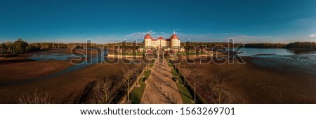 Panoramic view on Schloss Moritzburg, Germany. Drone photography.