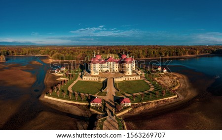 Panoramic view on Schloss Moritzburg, Germany. Drone photography. Royalty-Free Stock Photo #1563269707