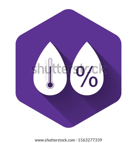 White Humidity icon isolated with long shadow. Weather and meteorology, thermometer symbol. Purple hexagon button