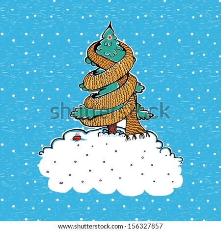 Abstract winter wallpaper. Cartoon pattern. Cute hand drawn Christmas card with spruce or Christmas-tree.